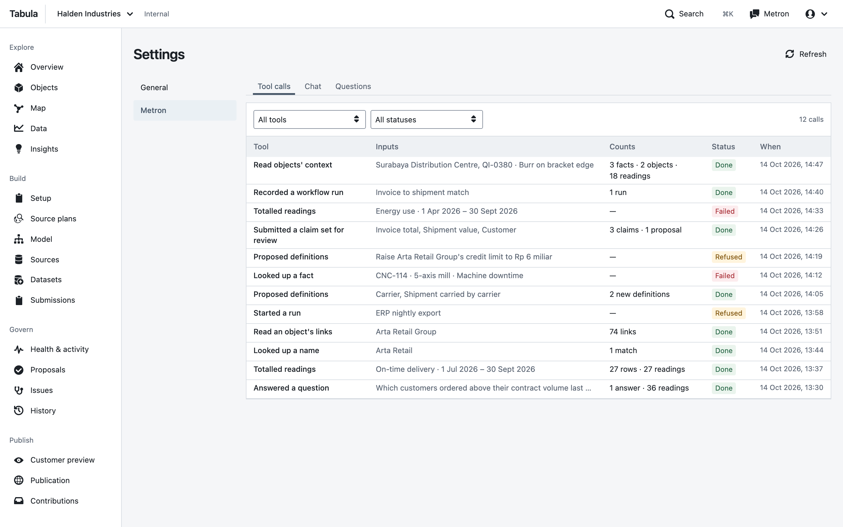 Metron activity: every tool call with its inputs, result and status